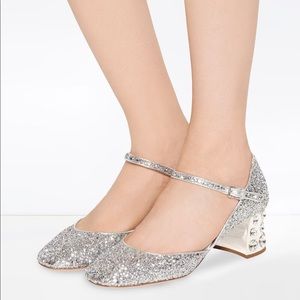 New in box MIU MIU Embellished Mary Jane Pumps metallic silver glitter crystal